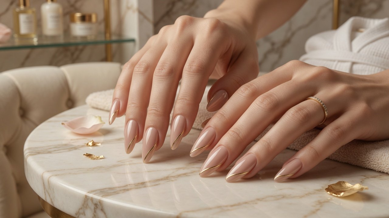 Almond-shaped nude manicure with delicate gold detailing