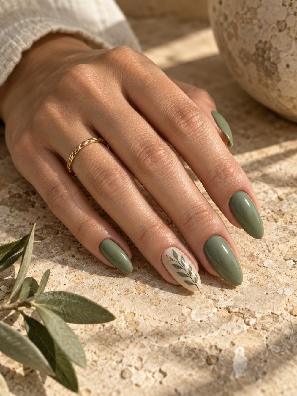 Sage green nails with a botanical accent