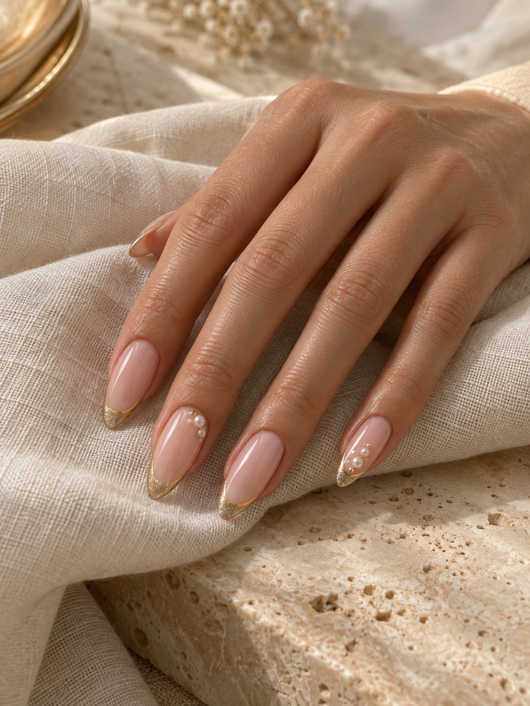 Long almond nails with blush polish, gold French tips and pearl accents