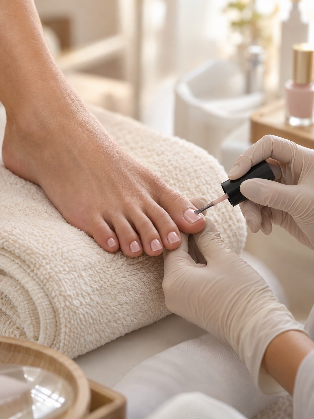 Pedicure technician applying blush polish to neatly shaped toenails