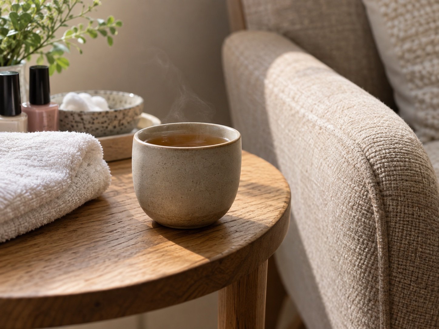 Warm tea and fresh towels beside a comfortable chair