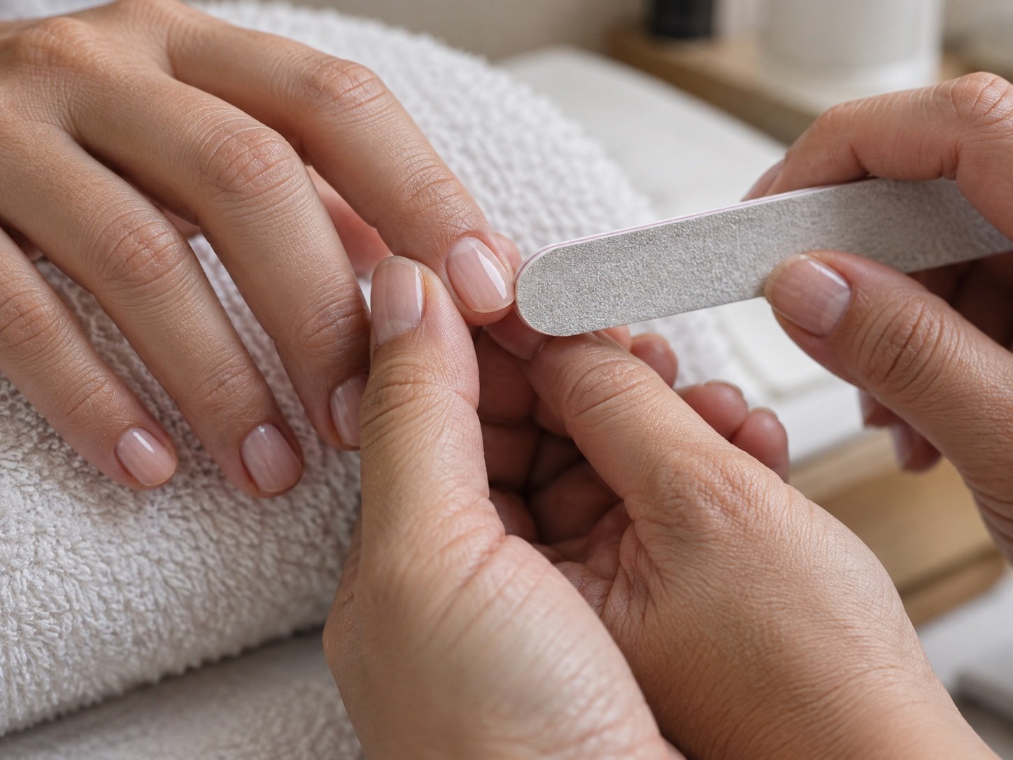Careful hand filing of a natural pink manicure