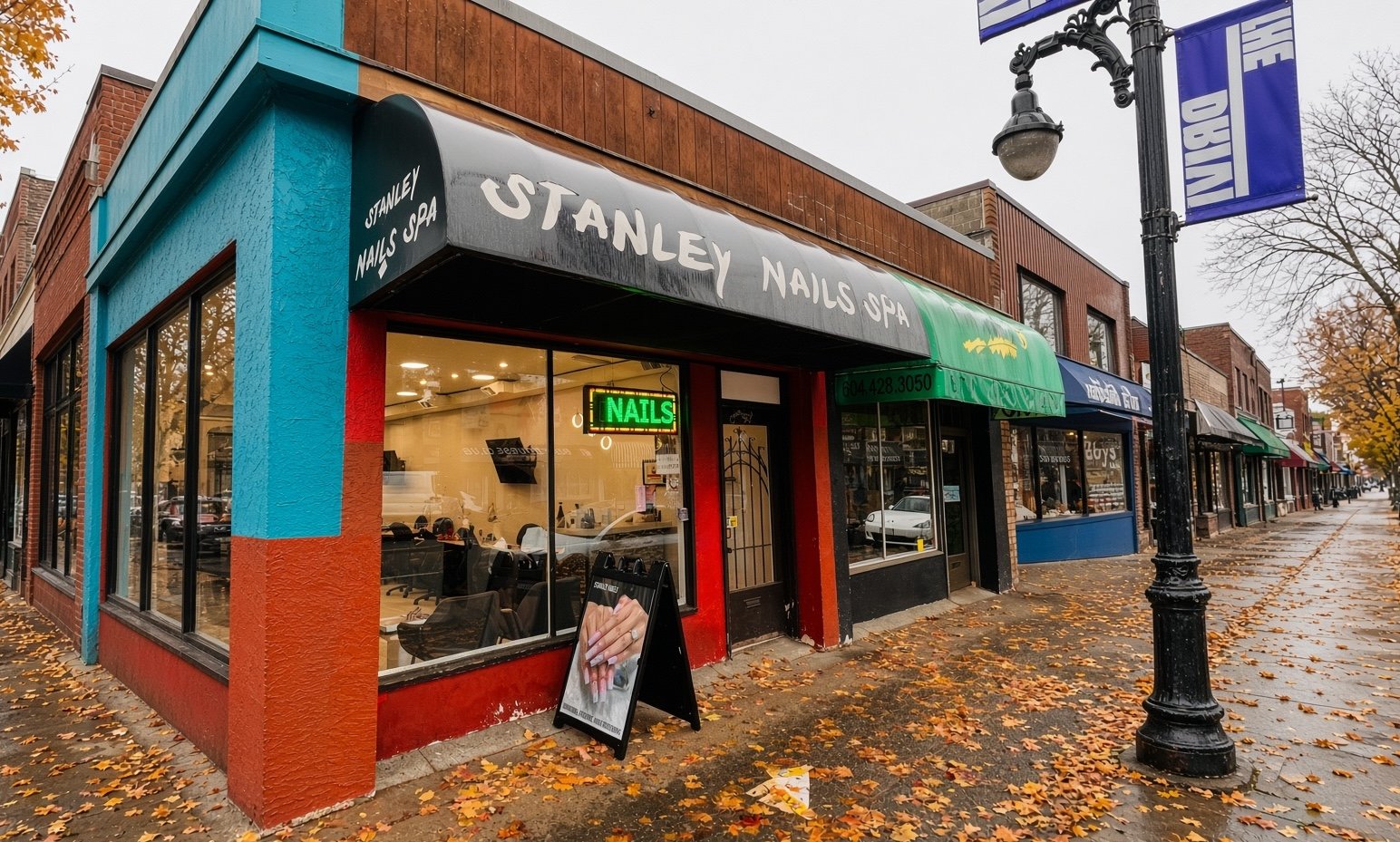 Stanley Nails Vancouver salon with pedicure chairs and illuminated sky ceiling